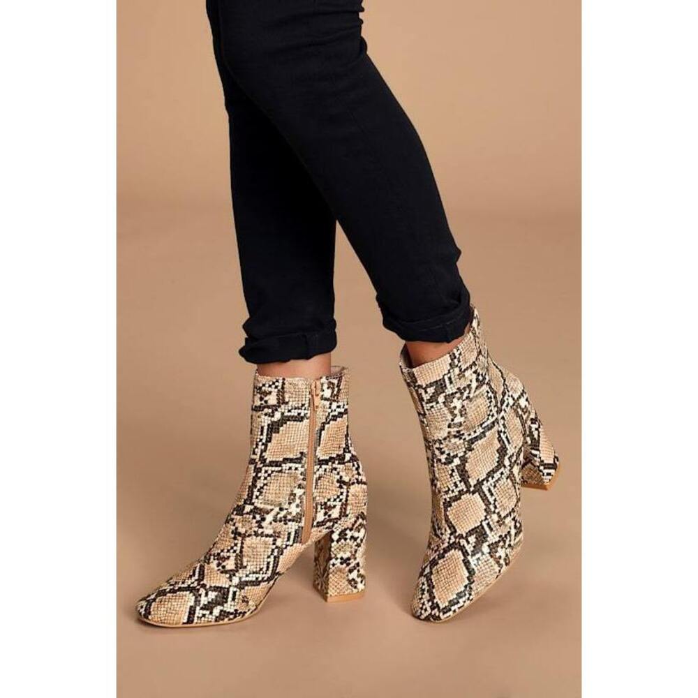 Lulus My Generation Tan Snake High Heel Mid-calf Boots Beige - Size 7.5